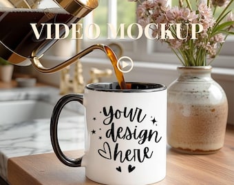 Mug Video Mockup | Black Accent Mug Mockup Video MP4 | Coffee Mug Mockup for Canva | Printful Mug Video | Farmhouse Mug Mockup PNG
