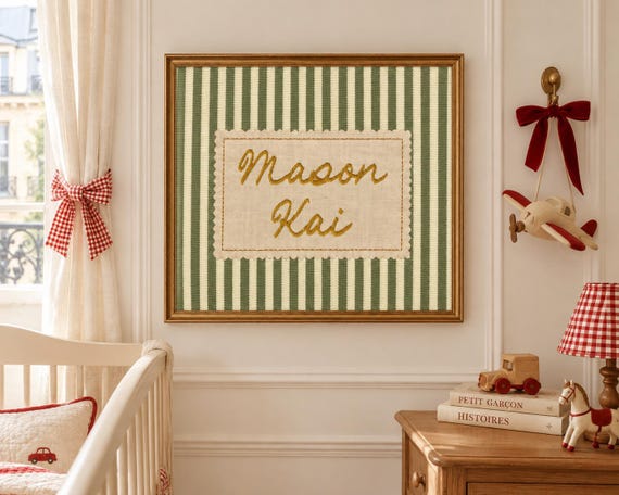Custom Baby Name Sign, Personalized Nursery Wall Art, Nursery Name Print, Striped Nursery Decor, Grandmillennial Nursery Art, Fine Art Print