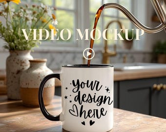 Cozy Mug Video Mockup : Black Accent Mug with Farmhouse Kitchen & Wild Flowers | MP4 + PNG