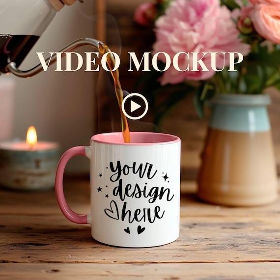 Cozy Mug Video Mockup: Pink Accent Mug with Peonies and Cottagecore Background | Mp4 + PNG