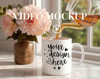 Mug Video Mockup: Marble Countertop, Café au Lait Dahlias (MP4 + PNG)