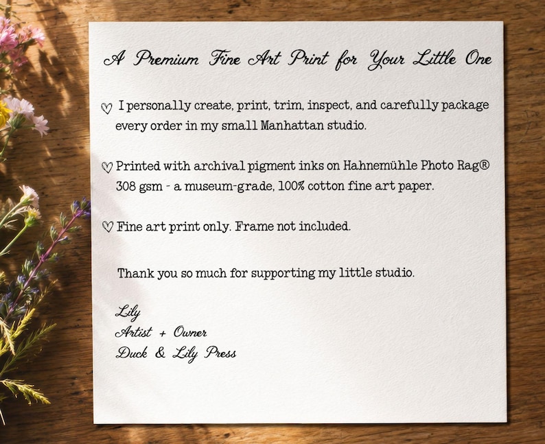 May include: A square white card with black text reading A Premium Fine Art Print for Your Little One, detailing production in a Manhattan studio, use of archival pigment inks on 308 gsm cotton paper, and noting the frame is not included.