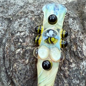 Decorated  Happy Bee glass pipe chillum.  Fumed with silver and gold.