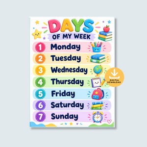 May include: A colorful educational wall chart titled DAYS OF MY WEEK featuring a numbered list from 1 to 7 for each day. The design includes illustrations of school supplies like books, a globe, a backpack, and an alarm clock, with a digital download icon.