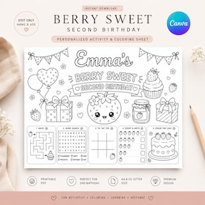 Pode incluir: Uma folha de atividades e colorir imprimível em preto e branco para um segundo aniversário. A página apresenta um tema de morango com o texto Emma's Berry Sweet Second Birthday, um labirinto, caça-palavras, jogo da velha, contagem e bolo.