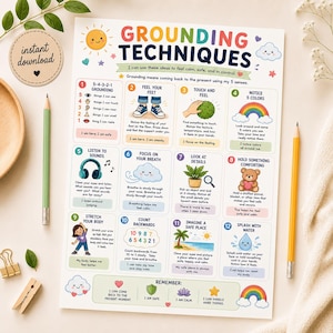 May include: A white educational poster titled Grounding Techniques featuring twelve numbered boxes with illustrations and text instructions for mindfulness. The design includes colorful icons like a sun, rainbow, cloud, and teddy bear on a light background.