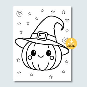 May include: A black and white colouring page featuring a smiling pumpkin wearing a witch hat, surrounded by stars and crescent moons. A yellow circular badge on the right side contains a downward arrow icon and the text DIGITAL DOWNLOAD.