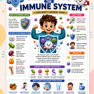 May include: An educational poster titled All About The Immune System, featuring a central illustration of a child flexing muscles behind a shield. It includes sections on immune system parts, how it works, common invaders, and health tips.