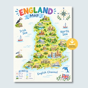 May include: A colorful illustrated map of England featuring major cities like London, Manchester, and York, landmarks such as Stonehenge, a compass rose, a map key, and nautical elements including sailboats, a puffin, and a dolphin.