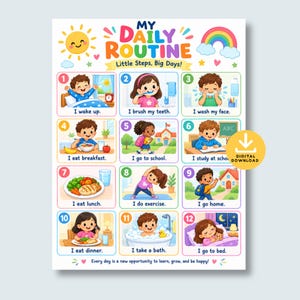May include: A colorful educational chart titled My Daily Routine Little Steps, Big Days featuring twelve numbered illustrations of children performing daily tasks like waking up, brushing teeth, eating meals, and going to school.