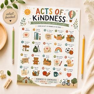 May include: A white poster titled Acts of Kindness featuring twenty numbered squares with colorful illustrations and text prompts for daily activities. The design includes a sun, a hot air balloon, and the phrases Small acts. Big impact and Kindness is contagious.