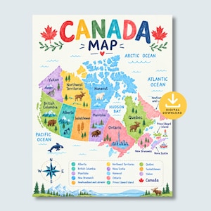 Op de afbeelding: Een kleurrijke geïllustreerde kaart van Canada met de tekst CANADA MAP bovenaan. De provincies en territoria zijn kleurgecodeerd met aquareltexturen, inclusief iconen van wilde dieren, bomen en bezienswaardigheden. Een kompasroos en legenda zijn inbegrepen.