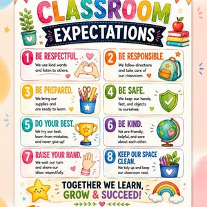 Może przedstawiać: Kolorowy plakat do klasy zatytułowany Our Classroom Expectations, przedstawiający osiem ponumerowanych zasad z ilustracjami, takimi jak plecak, globus, puchar i przybory szkolne. Tekst zawiera Together We Learn, Grow & Succeed oraz Think, Say, Have Fun.