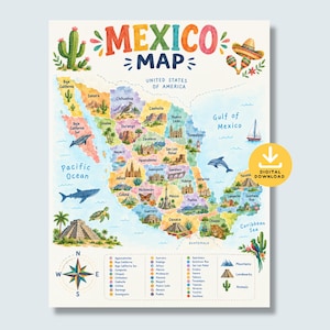 May include: A colorful illustrated map of Mexico featuring the text MEXICO MAP, United States of America, Gulf of Mexico, Pacific Ocean, and Caribbean Sea. The map includes regional labels, a compass rose, and icons of landmarks, animals, and plants.