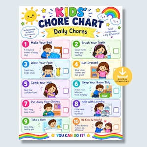 Puede incluir: Una tabla de tareas colorida para niños con el título KIDS' CHORE CHART y Daily Chores. Enumera diez tareas numeradas con ilustraciones de niños realizando actividades como hacer la cama, cepillarse los dientes y lavarse la cara, cada una con una casilla.
