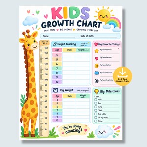 Könnte beinhalten: Ein buntes Wachstumschart für Kinder mit einer Giraffenillustration, Tabellen zur Größen- und Gewichtsmessung sowie Abschnitten für Favoriten und Meilensteine. Das Chart enthält den Text KIDS GROWTH CHART, SMALL STEPS, BIG DREAMS und GROWING EVERY DAY.