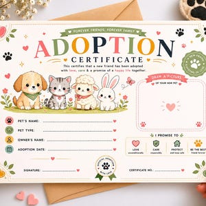 Könnte beinhalten: Eine Adoptionsurkunde mit den Worten "Adoptionsurkunde" in bunten Buchstaben. Die Urkunde zeigt Illustrationen eines Welpen, einer Katze, eines Lamms und eines Kaninchens. Sie enthält Felder zum Ausfüllen von Tier- und Besitzerdetails.