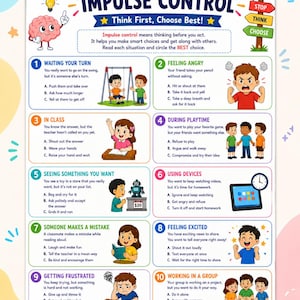 Könnte beinhalten: Ein pädagogisches Arbeitsblatt mit dem Titel Impulse Control und dem Untertitel Think First, Choose Best. Es enthält zehn nummerierte Szenarien mit Cartoon-Illustrationen und Multiple-Choice-Fragen zur Förderung der Entscheidungsfindung.