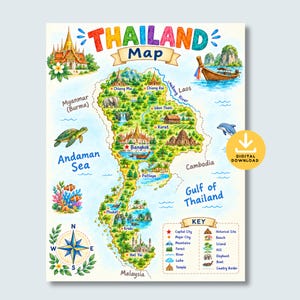 May include: A colorful illustrated map of Thailand featuring landmarks, wildlife, and cities like Bangkok and Chiang Mai. The map includes a compass rose, a legend, and labels for surrounding countries and bodies of water like the Andaman Sea.