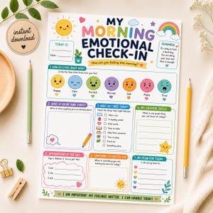 May include: A white paper sheet titled My Morning Emotional Check-In with colorful illustrations of a sun, rainbow, and faces. It includes sections for date, feelings, thoughts, needs, positive focus, affirmations, and daily plans.