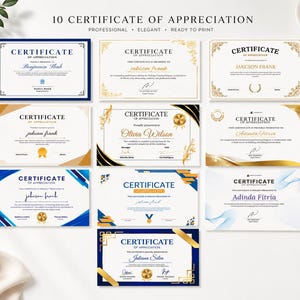 Può includere: Una raccolta di dieci modelli digitali di certificati di apprezzamento con vari layout, tipografie ed elementi decorativi in tonalità blu, oro, nero e bianco, progettati per riconoscimenti professionali e premi formali.