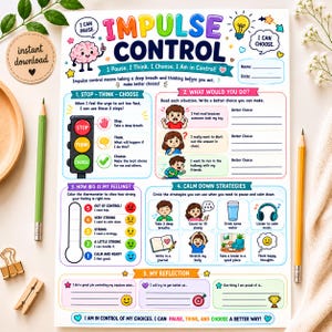 May include: An educational worksheet titled Impulse Control featuring colorful illustrations, a traffic light graphic, a feeling thermometer, and sections for reflection, calm down strategies, and decision-making exercises for children to practice self-regulation.