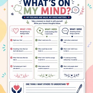 May include: A white mental health check-in worksheet titled WHAT'S ON MY MIND? with three columns labeled WHAT I FEEL, WHAT I NEED, and WHAT I WISH. It includes numbered prompts, blank lines for writing, and decorative heart and leaf illustrations.
