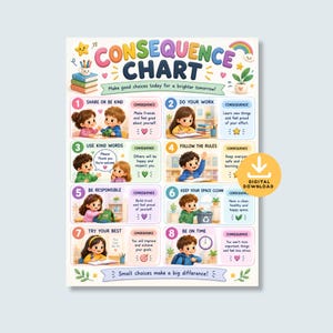 May include: A colorful educational consequence chart poster featuring eight numbered sections with illustrations of children performing positive tasks. The text includes "CONSEQUENCE CHART," "Make good choices today for a brighter tomorrow!," and "Small choices make a big difference!" with a digital download icon.