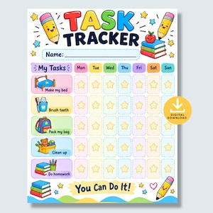 Op de afbeelding: Een kleurrijke takenlijst met de tekst "TASK TRACKER" en "You Can Do It!", geïllustreerd met potloden, boeken en een appel. Het bevat een weekrooster met kolommen voor de dagen van de week en rijen voor dagelijkse klusjes.