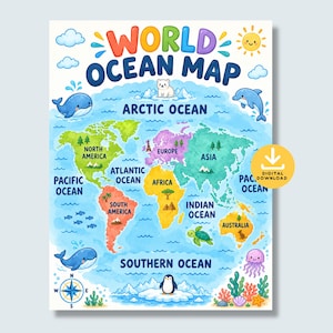 May include: A colourful world ocean map poster featuring the text WORLD OCEAN MAP at the top. The map displays continents in various colours, labelled oceans, and cartoon illustrations of a polar bear, whale, dolphin, turtle, penguin, and jellyfish.