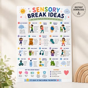 May include: A white poster titled Sensory Break Ideas featuring twenty numbered illustrations and instructions for calming activities. The chart includes colorful icons, text descriptions for each exercise, and a section at the bottom explaining the benefits of taking breaks and positive affirmations.