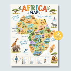 Puede incluir: Un mapa educativo colorido de África con ilustraciones de animales, monumentos y árboles. El mapa incluye etiquetas de países, océanos y mares, una rosa de los vientos y una leyenda. Una insignia circular amarilla dice DIGITAL DOWNLOAD.