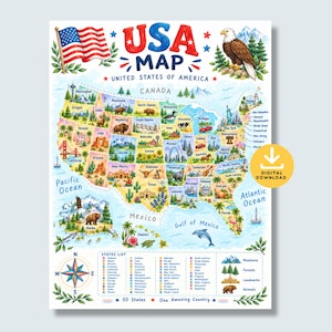 May include: A colorful illustrated map of the USA featuring the text USA MAP UNITED STATES OF AMERICA. The map displays states with iconic landmarks, animals, and nature scenes, a compass rose, a states list, and a bald eagle. Includes a digital download icon.