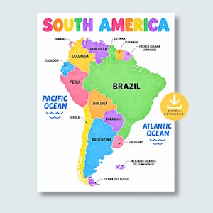 May include: A colorful map of South America with labeled countries including Brazil, Argentina, and Chile. The title reads SOUTH AMERICA in multicolored letters. A yellow circular icon with a white arrow and text DIGITAL DOWNLOAD is present.