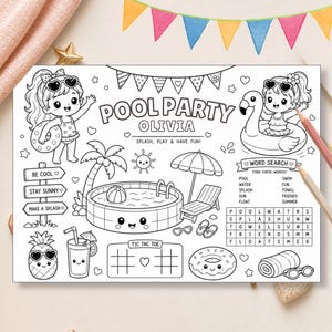Puede incluir: Una hoja de actividades imprimible en blanco y negro titulada Pool Party Olivia con ilustraciones de niños con flotadores, una piscina, una palmera, un sol, una silla de playa, una piña, una bebida, una rosquilla y un juego de sopa de letras.