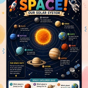 Op de afbeelding: Een donkerblauwe educatieve poster met de titel LET'S EXPLORE SPACE! OUR SOLAR SYSTEM. Het toont een centrale zon omringd door negen planeten, een astronaut, een raket en een satelliet. Bevat beschrijvende teksten voor elke planeet en een quiz.
