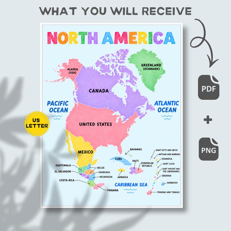 North America Map for Kids, Labeled Countries and Caribbean Islands