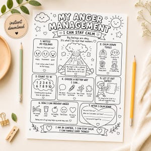 Könnte beinhalten: Ein schwarz-weißes, ausdruckbares Arbeitsblatt zur Wutbewältigung mit einer zentralen Vulkanillustration, sieben nummerierten Abschnitten mit Bewältigungsstrategien und Texten wie My Anger Management und I Can Stay Calm.