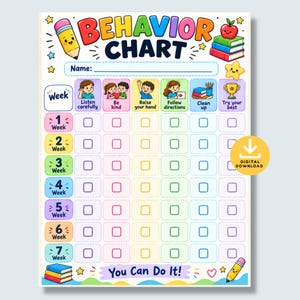 May include: A colorful behavior chart for children featuring the title BEHAVIOR CHART, a name line, and seven rows for weeks. It includes illustrations of a pencil, books, a star, and a trophy, with columns for tasks like Listen carefully, Be kind, and Clean up.