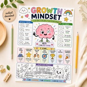 May include: A colorful educational growth mindset poster featuring a central pink brain character, motivational text including "I can learn, I can grow, I can do hard things!", "I can..." sections, and a "Color your mindset" activity area with a rocket and books.