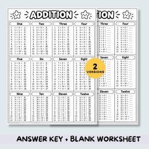 May include: A black and white educational addition worksheet featuring two versions: one with completed answers and one blank. The page includes tables for numbers one through twelve, each with twelve addition problems, topped with the word ADDITION.