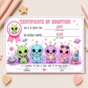 May include: A rectangular Certificate of Adoption featuring the text CERTIFICATE OF ADOPTION, THIS IS TO CERTIFY THAT, HAS OFFICIALLY ADOPTED, and I PROMISE TO LOVE & TAKE CARE OF MY NEW ALIEN. It displays four cartoon aliens, a rocket, and planets.