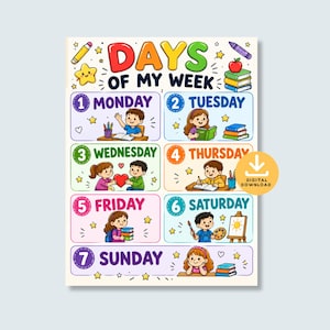 May include: A colourful educational poster titled DAYS OF MY WEEK featuring seven numbered sections for each day. Each section includes a cartoon illustration of children engaged in activities like reading, writing, painting, and playing with books.