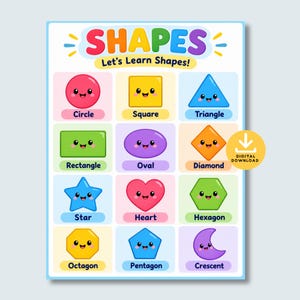 Könnte beinhalten: Ein Lernposter mit dem Titel SHAPES Let's Learn Shapes! zeigt zwölf bunte, lächelnde geometrische Formen, darunter Kreis, Quadrat, Dreieck, Rechteck, Oval, Raute, Stern, Herz, Sechseck, Achteck, Fünfeck und Mondsichel mit einem Symbol für digitalen Download.