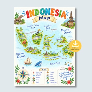 Indonesia Map Poster for Kids, Illustrated Landmarks Islands Animals Geography Wall Art (PDF)