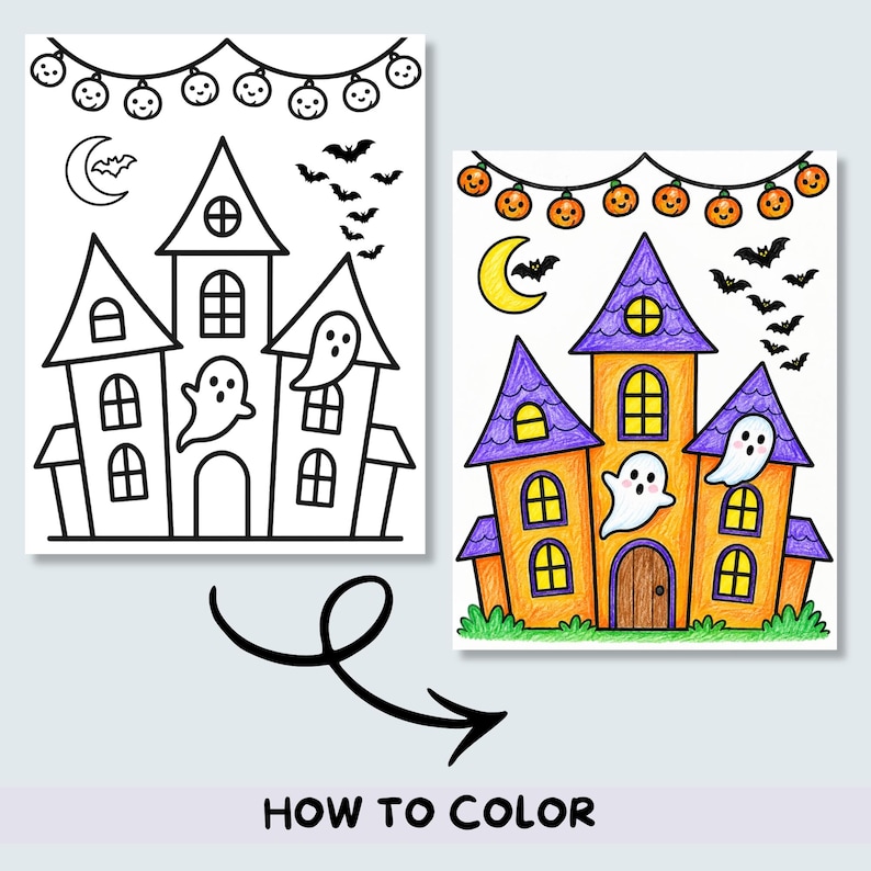 Halloween Coloring Page for Kids, Haunted House, Ghosts, Pumpkins, Bats ...
