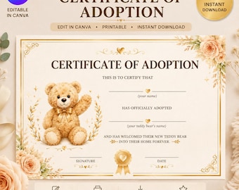 Certificat d'adoption d'un ours en peluche modifiable, souvenir imprimable (téléchargement numérique)