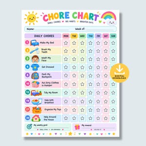 Puede incluir: Una tabla de tareas colorida con un gráfico de sol y arcoíris en la parte superior. El texto dice CHORE CHART, SMALL CHORES, BIG HABITS, BRIGHTER DAYS. Incluye filas para tareas diarias como hacer la cama, cepillarse los dientes y empacar la mochila, con columnas para cada día de la semana y estrellas vacías para seguir el progreso.
