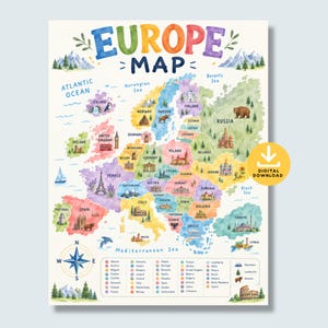 May include: A colourful watercolour map of Europe featuring the text EUROPE MAP at the top. The map displays various countries in different pastel shades, decorated with small illustrations of landmarks, animals, and nature. A compass rose and a legend are included at the bottom, along with a yellow circular icon indicating a digital download.