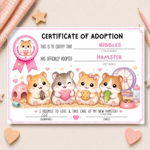 Bearbeitbare Hamster-Adoptionsurkunde, personalisierte Haustierparty-Vorlage zum Ausdrucken (A4 US Letter)